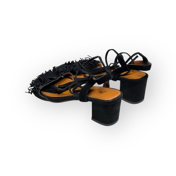 Fringe Block Heel Ankle Strap Sandals ꧁ Black Suede ꧁ 9.5M 260 ꧁ Leather Sole ꧂ - Picture 6 of 16
